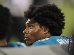 Jalen Ramsey of the Jacksonville Jaguars sits on the bench during the third quarter of a game against the Tennessee Titans at TIAA Bank Field on September 19, 2019 in Jacksonville, Florida.