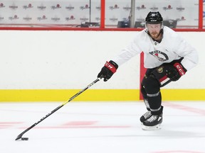 Chris Tierney of the Ottawa Senators during training camp in Ottawa, Sept. 13, 2019.