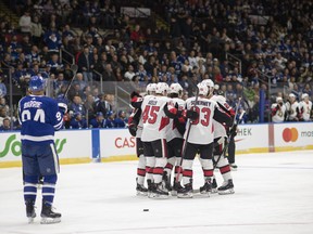 The Ottawa Senators celebrate a goal against the Toronto Maple Leafs during first period pre-season action in St. John's, N.L. on Tuesday Sept. 17, 2019. (THE CANADIAN PRESS)
