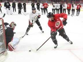 Ottawa Senators' Drake Batherson shoots on goalie Joey Daccord during practice this week.