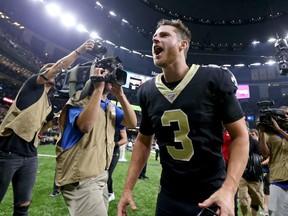 New Orleans Saints kicker Wil Lutz (3) screams as he runs from the field after kicking a game wining field goal against the Houston Texans at the Mercedes-Benz Superdome. Chuck Cook-USA TODAY