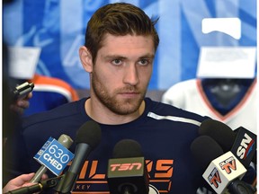 Edmonton Oilers Leon Draisaitl speaks to the media during physicals at the start of training camp at Rogers Place in Edmonton, Sept. 12, 2019.