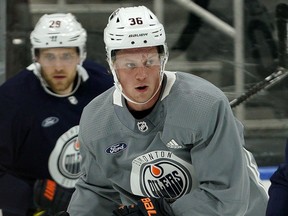 Defenceman Joel Persson (#36) skates at Edmonton Oilers training camp in Edmonton on Friday September 13, 2019.