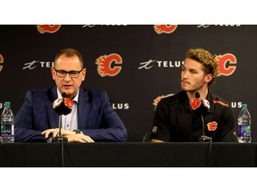 Calgary Flames Matthew Tkachuk with GM Brad Treliving during their press conference back at the Scotiabank Saddledome after signing a new contract in Calgary on Wednesday, September 25, 2019.