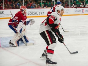 Vitaly Abramov of the Ottawa Senators watches the action while stationed in the offensive zone during a National Hockey League rookie tournament game against the Montreal Canadiens at Belleville, Ont., on Saturday, Sept. 7, 2019.