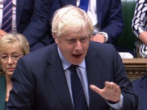 A video grab from footage broadcast by the UK Parliament's Parliamentary Recording Unit (PRU) shows Britain's Prime Minister Boris Johnson speaking in the House of Commons in London on September 3, 2019, as he gives a statement on the recent G7 meeting. - Prime Minister Boris Johnson was braced for a showdown with parliament on Tuesday over his Brexit plan that could spark a snap election and derail Britain's exit from the European Union next month.