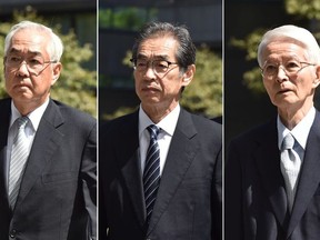 This combination of pictures taken and created on September 19, 2019 shows three former executives from Tokyo Electric Power Company (TEPCO), former chairman Tsunehisa Katsumata (R), former vice presidents Ichiro Takekuro (C) and Sakae Muto (L), arriving at the Tokyo District Court to attend their trial. - The Japanese court on September 19 acquitted three former officials from Tokyo Electric Power Company (TEPCO), in the only criminal trial to stem from the 2011 nuclear disaster.