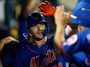 New York Mets first baseman Pete Alonso celebrates in the dugout after hitting a solo home run, tying the MLB record for most home runs by a rookie, against the Atlanta Braves in the first inning at Citi Field in New York City on Sept. 27, 2019.