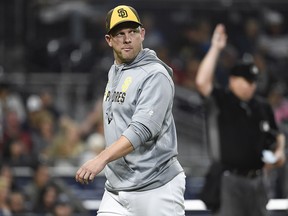 Andy Green of the San Diego Padres walks off the field after arguing a call against the Arizona Diamondbacks at Petco Park September 20, 2019 in San Diego. (Denis Poroy/Getty Images)
