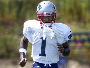 Patriots wide receiver Antonio Brown warms up during practice at Gillette Stadium in Foxborough, Mass., on Sept. 11, 2019.