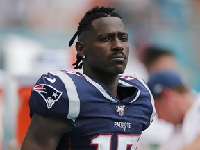 Antonio Brown of the New England Patriots looks on against the Miami Dolphins at Hard Rock Stadium on September 15, 2019 in Miami. (Michael Reaves/Getty Images)