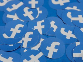 Stickers bearing the Facebook logo are pictured at Facebook Inc's F8 developers conference in San Jose, California, U.S., April 30, 2019.