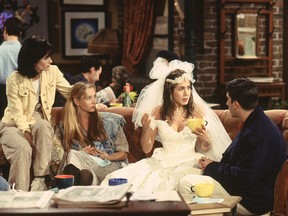 FRIENDS -- NBC Series -- Season 1: "Pilot" -- Pictured: (l-r) Courtney Cox Arquette as Monica, Lisa Kudrow as Pheobe, Jennifer Aniston as Rachel, David Schwimmer as Ross (Copyright 2004 Warner Bros. Television Production Inc. )