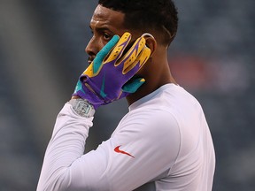Odell Beckham Jr. of the Cleveland Browns wears a Richard Mille watch during warmups before a game against the New York Jets at MetLife Stadium on September 16, 2019 in East Rutherford, N.J. (Al Bello/Getty Images)