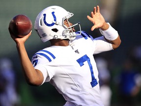 Jacoby Brissett of the Indianapolis Colts warms up before a game against the Cincinnati Bengals at Paul Brown Stadium on August 29, 2019 in Cincinnati. (Andy Lyons/Getty Images)