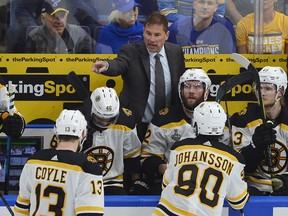 Boston Bruins head coach Bruce Cassidy yells instructions during the Stanley Cup Final against the St. Louis Blues at Enterprise Center. (Jeff Curry-USA TODAY Sports)