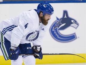 New Vancouver Canucks defenceman Jordie Benn works out at the NHL team's training camp at the Save-On-Foods Arena in Victoria.