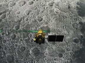 This screen grab taken from a live webcast by Indian Space Research Organisation (ISRO) on Aug. 6, 2019 shows Vikram Lander before it is supposed to land on the Moon.