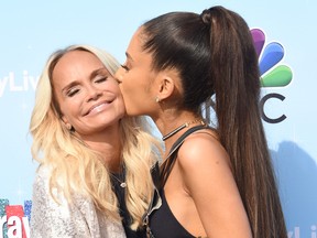 Kristin Chenoweth and Ariana Grande attend the NBC Hairspray Live! press junket at the Universal Studios lot in Universal City, on Nov. 16, 2016.
