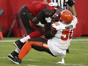 Cleveland Browns defensive end Chris Smith (50) sacks Tampa Bay Buccaneers quarterback Jameis Winston (3) at Raymond James Stadium. (Kevin Jairaj-USA TODAY Sports)