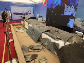 The wreckage of a what Iran presented as a U.S. drone that it shot down is shown at Tehran's Islamic Revolution and Holy Defence museum, in the capital Tehran on September 21, 2019. (ATTA KENARE/AFP/Getty Images)