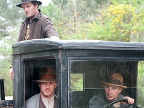 This film image released by The Weinstein Company shows from left, Jason Clarke, Tom Hardy and Shia LaBeouf in a scene from "Lawless."