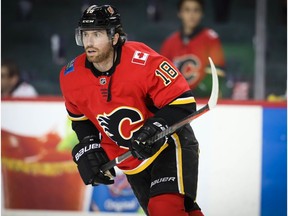 James Neal skating for the Calgary Flames before facing the Los Angeles Kings in NHL hockey at the Scotiabank Saddledome in Calgary on March 25, 2019.