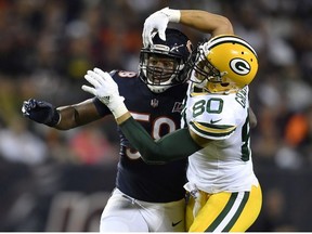 Chicago Bears inside linebacker Roquan Smith commits a pass interference in the third quarter Green Bay Packers tight end Jimmy Graham at Soldier Field.