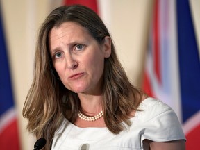 Foreign Affairs Minister Chrystia Freeland at a news conference following a meeting with Britain's Foreign Secretary Dominic Raab in Toronto,, Aug. 6, 2019.
