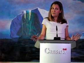 Canada's Foreign Minister Chrystia Freeland speaks during a news conference at the Canadian Embassy in Washington D.C., U.S. June 13, 2019. (REUTERS/Carlos Barria)