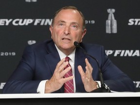 NHL Commissioner Gary Bettman speaks with the media prior to Game One of the Stanley Cup Final at TD Garden in Boston on May 27, 2019.