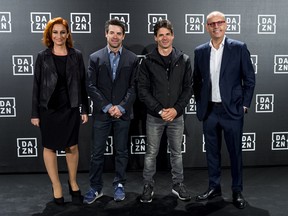(L-R) Ainhoa Arbizu, Carlos Checa, Alex Criville and Ernest Riveras attend the red carpet of the DAZN party presentation at DAZN Space on February 28, 2019 in Madrid, Spain.  DAZN is the first global pure-sport live and on-demand streaming service.