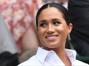 Meghan, Duchess of Sussex, sits in the Royal Box on Centre Court to watch Simona Halep play Serena Williams during their Wimbledon women's singles final at The All England Lawn Tennis Club in Wimbledon, southwest London, on July 13, 2019. (BEN STANSALL/AFP/Getty Images)