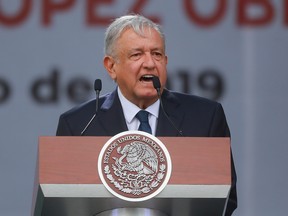 President of Mexico Andres Manuel Lopez Obrador speaks during a ceremony to celebrate his administration's first anniversary at Zocalo on July 1, 2019 in Mexico City, Mexico.
