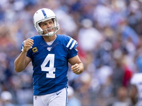 Adam Vinatieri of the Indianapolis Colts reacts to hitting the right upright and missing a point after try during the fourth quarter against the Tennessee Titans at Nissan Stadium on Sept. 15, 2019 in Nashville, Tenn. (Brett Carlsen/Getty Images)