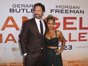 Gerard Butler and Jada Pinkett Smith attend the LA Premiere of Lionsgate's "Angel Has Fallen" at Regency Village Theatre on August 20, 2019 in Westwood, California.