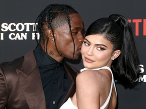 Travis Scott and Kylie Jenner attend the Travis Scott: "Look Mom I Can Fly" Los Angeles Premiere at The Barker Hanger on August 27, 2019 in Santa Monica, California.