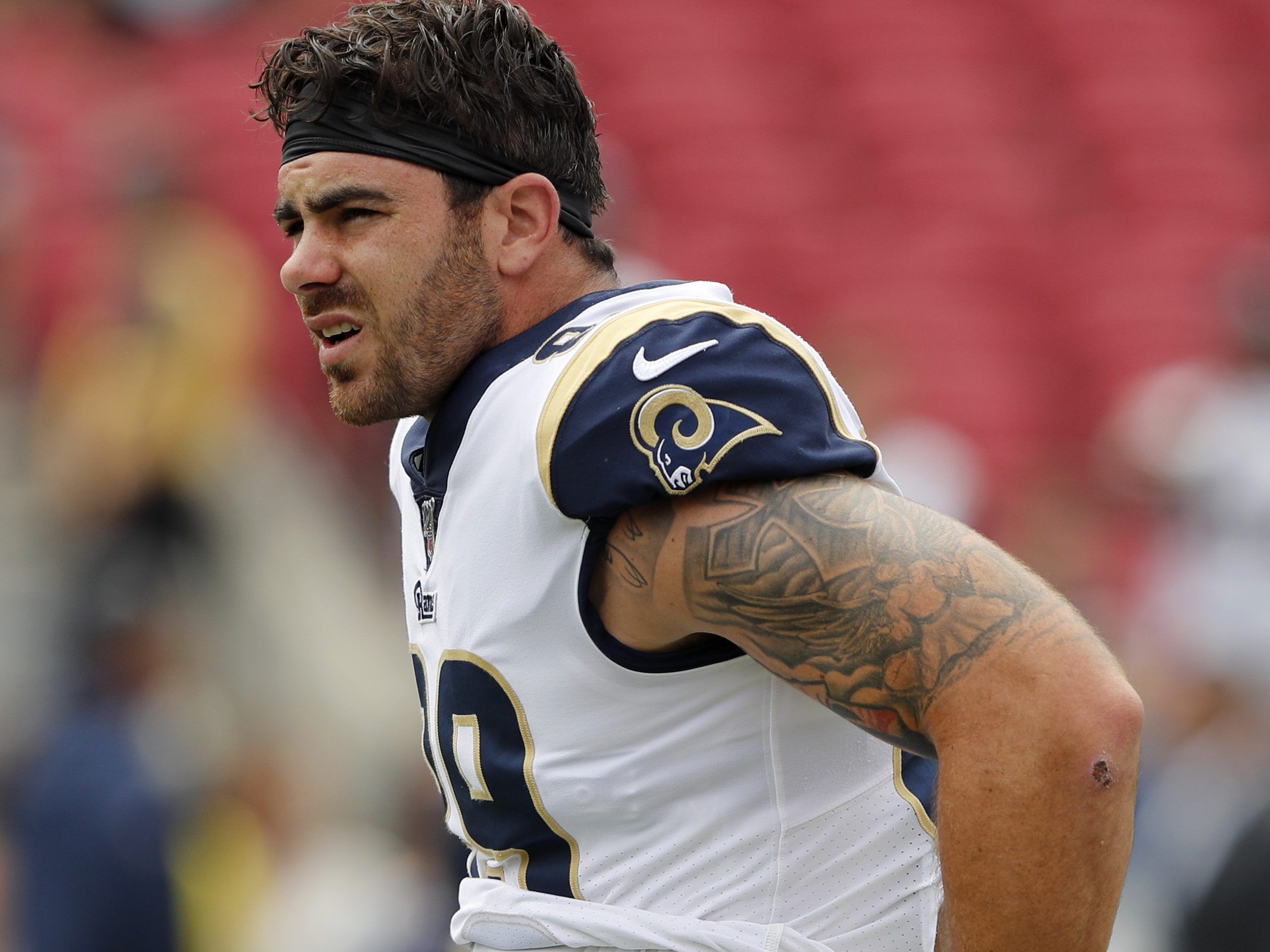 Tyler Higbee of the Los Angeles Rams warms up prior to the game