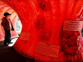 A boy stands inside the Super Colon, an 8-foot tall, 20-foot long, interactive replica of a human colon during Community Colon Cancer Prevention Day at the Jay Monahan Center for Gastrointestinal Health  March 15, 2005 in New York City. (Mario Tama/Getty Images)