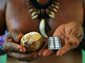 Chief Marcelino Apurina, of the Aldeia Novo Paraiso in the Western Amazon region of Brazil, near Labrea holds a Babacu fruit, left, and ranitidine hydrochloride tablets, both used to treat gastric problems in traditional and modern medicine respectively on Sept. 21, 2017. (CARL DE SOUZA/AFP/Getty Images)