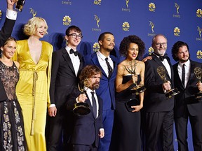 Outstanding Drama Series winners Emilia Clarke Gwendoline Christie, Isaac Hempstead Wright, Peter Dinklage, Jacob Anderson, Nathalie Emmanuel, Liam Cunningham, and Kit Harington pose in the press room during the 70th Emmy Awards at Microsoft Theater on Sept. 17, 2018 in Los Angeles.