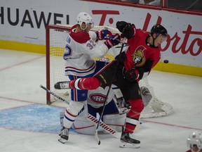 Senators' Brady Tkatchuk screens a shot in front on Montreal Canadiens goalie Keith Kinkaid in the third period at the Canadian Tire Centre. "I embrace contact but, obviously, if it's too much I won't like it," Kinkaid said. "But as long as it's in the boundaries, I think that's part of the game."