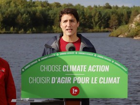 Federal Liberal Leader Justin Trudeau makes a point during a campaign stop at the Lake Laurentian Conservation Area in Sudbury, Ont. on Thursday, Sept. 26, 2019.