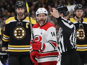 Justin Williams of the Carolina Hurricanes reacts against the Boston Bruins in Game 2 of the Eastern Conference Final at TD Garden on May 12, 2019 in Boston. (Bruce Bennett/Getty Images)
