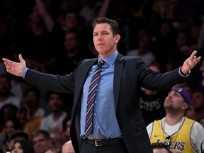 Luke Walton of the Los Angeles Lakers reacts to a foul during a loss to the Portland Trail Blazers at Staples Center on April 09, 2019 in Los Angeles. (Harry How/Getty Images)