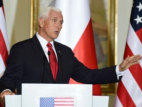 Mike Pence gestures during a joint press conference with the Polish President in Warsaw on September 2, 2019 in Warsaw. (JANEK SKARZYNSKI/AFP/Getty Images)