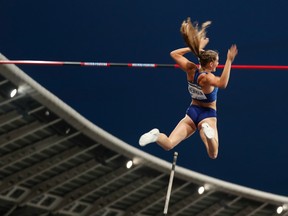 Canada's Alysha Newman competes in the Women's pole vault during the IAAF Diamond League competition on August 24, 2019 at the Charlety stadium, in Paris.