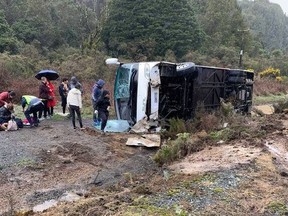 A view shows the site of an accident in which a bus with tourists flipped to the opposite side of the road near Rotorua, New Zealand September 4, 2019 in this picture obtained from social media.
