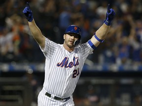 Pete Alonso of the New York Mets reacts after his home run against the Atlanta Braves at Citi Field on September 28, 2019 in New York. (Jim McIsaac/Getty Images)