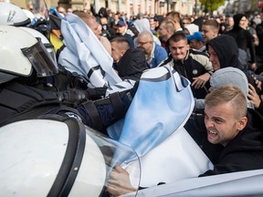 Far right extremists clash with riot police as they try to disrupt the Gay Pride parade in Lublin, Poland, on September 28, 2019. (WOJTEK RADWANSKI/AFP/Getty Images)